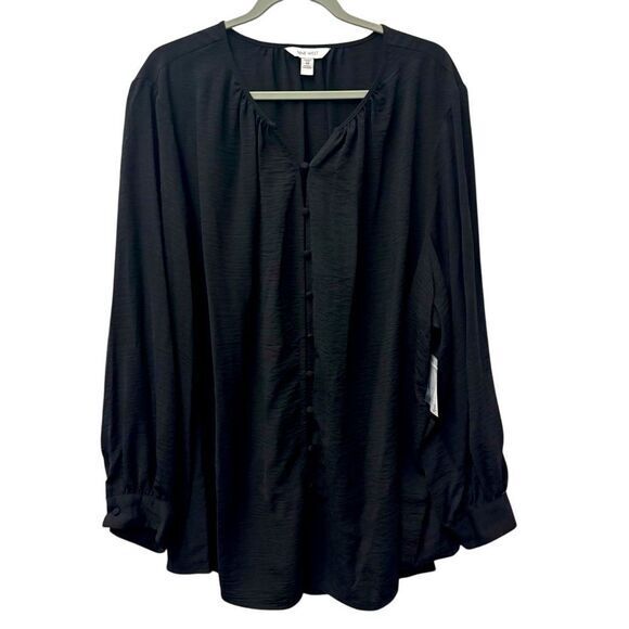 NWT Nine West 4X Button Front Baloon Sleeve Black‎ Tunic Blouse/shirt/top l/s - Picture 1 of 5